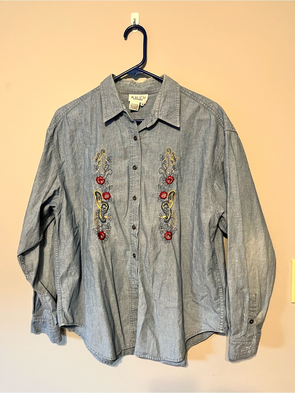 Russ Chambray Button-Down Shirt with Red Floral Embroidery grandma teacher core
